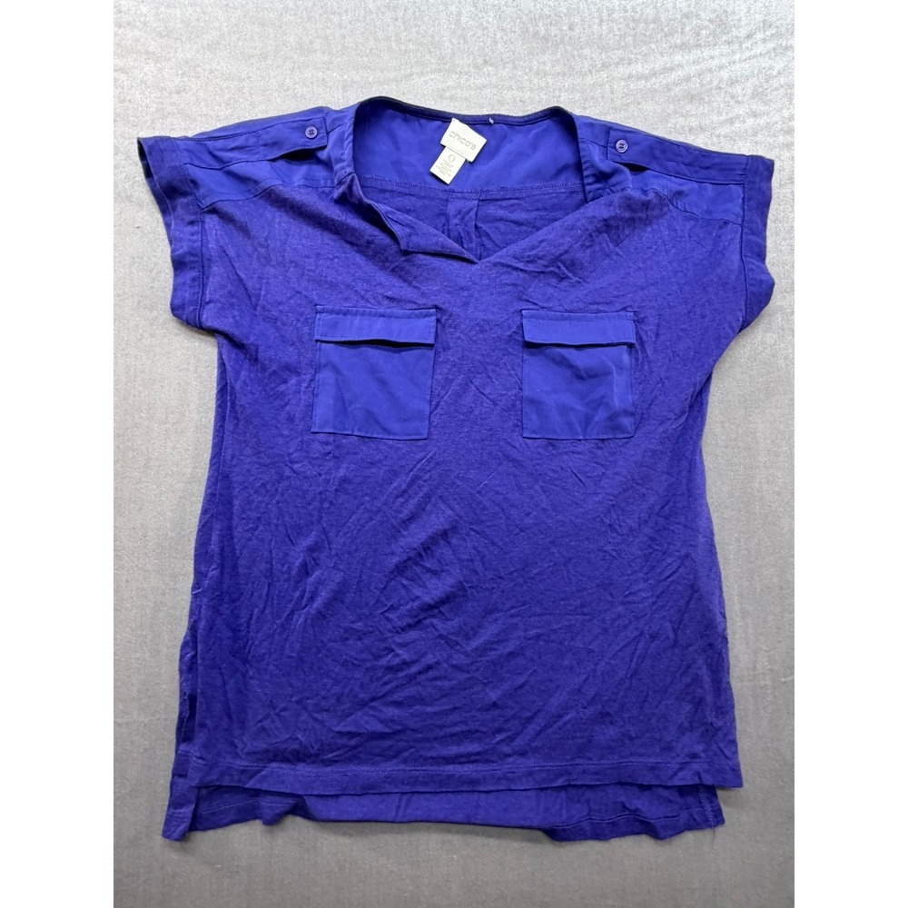 Chico's Cotton Modal Women Shirt Blue Purple Double Pocket Size 0
